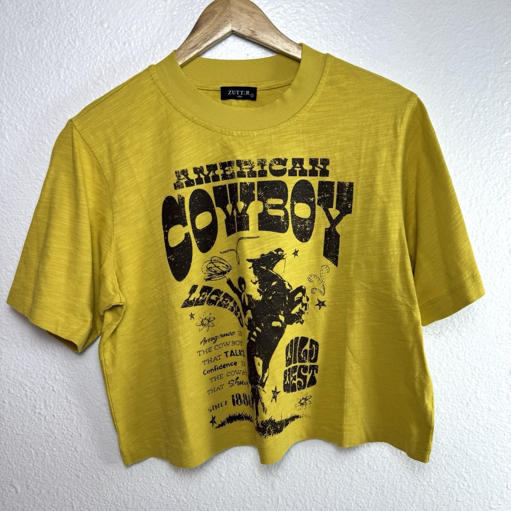 Zutter USA American Cowboy Crop Top Tee Shirt Women's Small Yellow T-shirt Boho